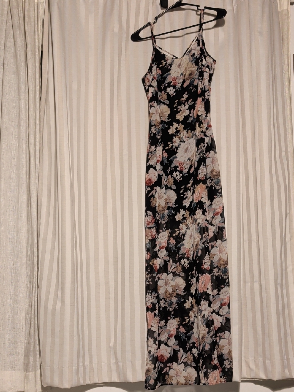 Black Floral Maxi Slip Dress with Spaghetti Straps